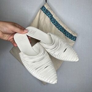 Tory Burch‎ Sienna White Leather Woven Pointed Toe Mule Flat Shoes Size 7.5 M